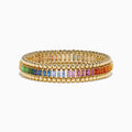 The Watercolors 14K Yellow Gold Multi Sapphire Stretch Bracelet features rectangular sapphires in a vibrant rainbow pattern set in yellow gold.