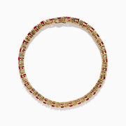The Ruby Royale 14K Yellow Gold Ruby and Diamond Tennis Bracelet features a single row of round rubies and diamonds in prong settings, elegantly displayed against a white background.