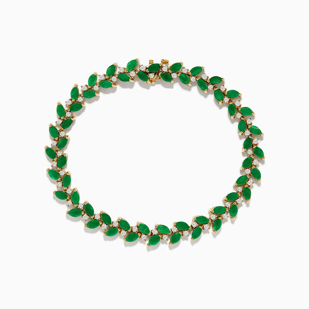 The Brasilica 14K Yellow Gold Emerald and Diamond Bracelet showcases alternating marquise-shaped emeralds and small round diamonds in a leaf-inspired pattern, forming a complete oval design.
