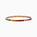 The Watercolors 14K Rose Gold Multi Sapphire Bracelet features square-cut sapphires in a gradient rainbow design, elegantly set in a thin rose gold band and shown against a white background.