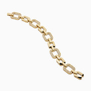 The D'Oro 14K Yellow Gold Diamond Bracelet features large rectangular links adorned with rows of sparkling diamonds, showcased against a white background.