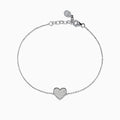 The 925 Sterling Silver Diamond Heart Bracelet features a heart-shaped charm with sparkling stones and an adjustable clasp with a small round tag.