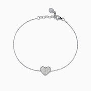 The 925 Sterling Silver Diamond Heart Bracelet features a heart-shaped charm with sparkling stones and an adjustable clasp with a small round tag.