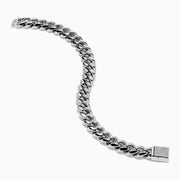 The Men's Sterling Silver Diamond Cuban Link Bracelet features a thick Cuban link chain and a rectangular clasp set with small diamonds, displayed in a circular shape on a white background.