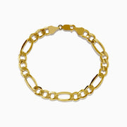 Men’s 14K yellow gold Figaro chain link bracelet, 9 long, features oval and round links with a lobster clasp, shown on a white background.