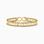 The Mens 14K Yellow Gold Hollow Railroad Bracelet features rectangular links and a lobster clasp, shown on a white background—a refined chain bracelet ideal for everyday elegance.