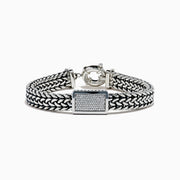 The Men's 925 Sterling Silver Chain-Link Diamond Bracelet features a woven silver design, a rectangular diamond-studded centerpiece, and a round clasp, displayed on a white background.