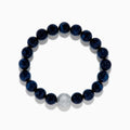 The Mens Tigers Eye and Meteorite Beaded 8 String Bracelet features glossy dark beads with a single textured meteorite bead, arranged in a circle on a white background.