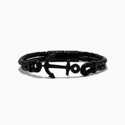 Mens 925 Sterling Silver Black Spinel Anchor Leather Bracelet features black braided leather and a black metal anchor-shaped clasp with Black Spinel, shown on a plain white background.