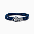 The Mens 925 Sterling Silver Leather Wrap Bracelet showcases a double-wrap blue leather band with a nautical-inspired silver hook and knot clasp, set against a white background. An ideal accessory for effortless mens style.