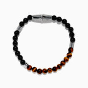 The Men's 925 Sterling Silver Tiger's Eye and Onyx Beaded Bracelet features alternating brown Tiger's Eye and black Onyx beads, accented by a textured sterling silver cylindrical clasp, shown on a white background.