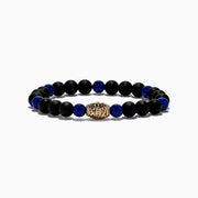 Mens 925 Sterling Silver Onyx and Lapis Beaded Bracelet, featuring alternating matte onyx and deep blue lapis beads with an ornate sterling silver centerpiece, displayed on a white background.