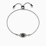 The 925 Sterling Silver Blue Sapphire and Diamond Evil Eye Bracelet features an eye-shaped charm with a blue sapphire center, surrounded by sparkling diamonds, and two metallic ends on the adjustable chain.