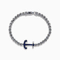 Mens 925 Sterling Silver Blue Sapphire Anchor Box Chain Link Bracelet with a standout anchor charm set with blue sapphire and white gemstones, shown against a white background.