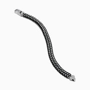 The Men's 925 Sterling Silver Woven Black Cord Bracelet features alternating silver and cord links with a box clasp, shown on a white background.