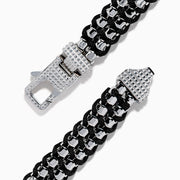 The Men's 925 Sterling Silver Woven Black Cord Bracelet features alternating silver and cord links with a box clasp, shown on a white background.