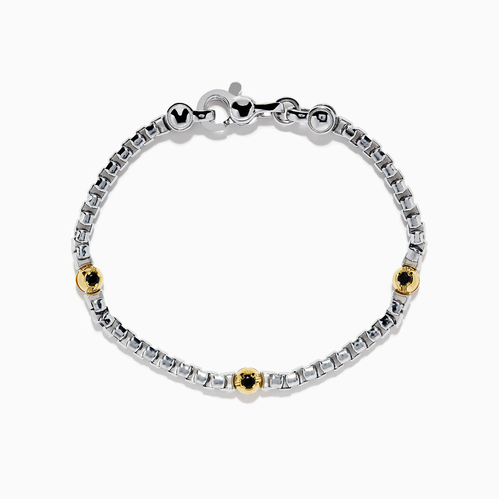 Men's 925 Sterling Silver & 14K Yellow Gold Black Spinel Bracelet with three evenly spaced 14K gold beads and a lobster clasp, displayed on a white background.