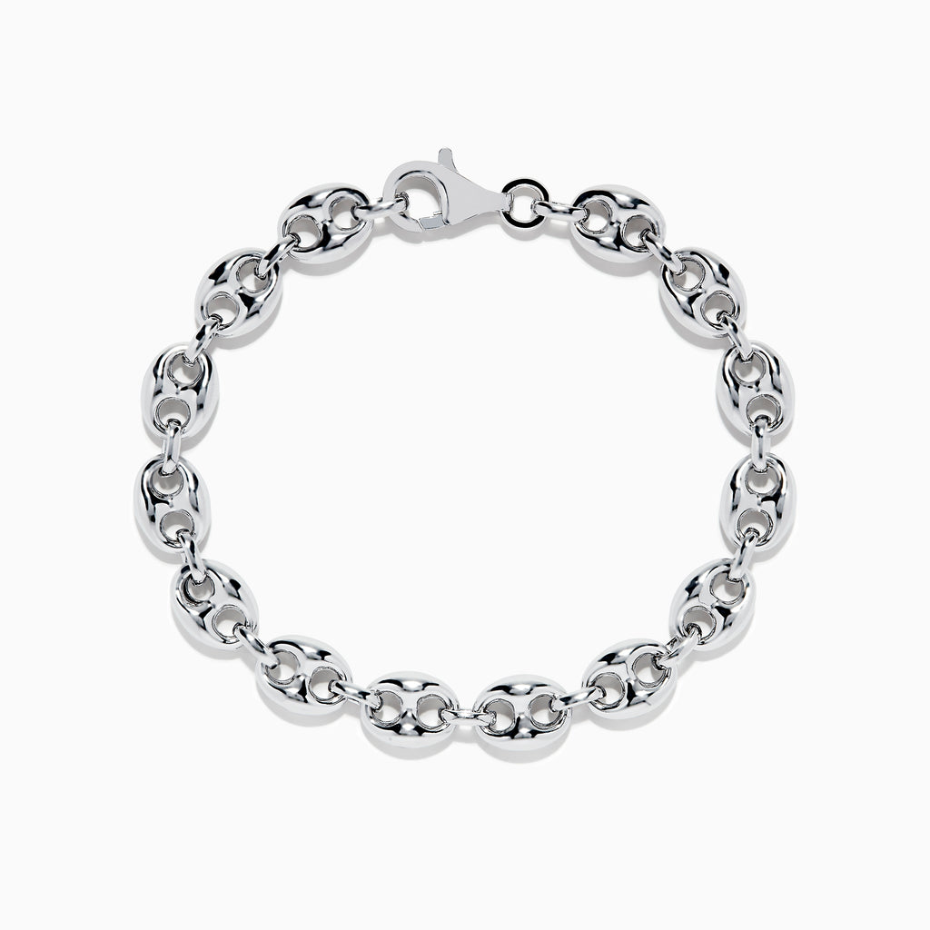 The Mens 925 Sterling Silver Puffed Mariner Link Chain Bracelet features oval links and a lobster clasp, displayed in a circular shape on a white background.