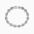 The Mens 925 Sterling Silver Puffed Mariner Link Chain Bracelet features oval links and a lobster clasp, displayed in a circular shape on a white background.