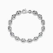 The Mens 925 Sterling Silver Puffed Mariner Link Chain Bracelet features oval links and a lobster clasp, displayed in a circular shape on a white background.