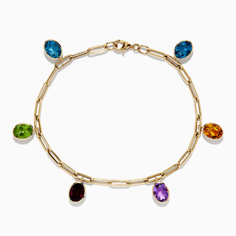 The Mosaic 14K Yellow Gold Multi Gemstone Charm Bracelet (7.72 TCW) features six gemstone charms—blue, green, red, purple, orange, and turquoise—in gold bezel settings, shown on a white background.