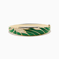 The 14K Yellow Gold Malachite and Diamond Inlay Bangle features green malachite with diamond accents in a leaf-inspired pattern for an elegant, eye-catching look.
