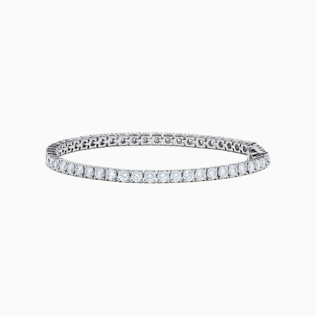 The Lab Grown Round Diamond 7.00ct Tennis Bracelet in 14K White Gold features a continuous row of prong-set lab grown diamonds and is displayed on a white background.
