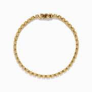 The Lab Grown Round Diamond 5.00ct Cupcake Setting Tennis Bracelet in 14K Yellow Gold features a single row of prong-set lab grown diamonds, shown against a white background.