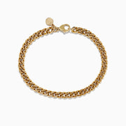 The Mens 14K Yellow Gold Chain Bracelet 8.25 features a chunky curb link design and a small round charm near the clasp, shown against a white background.