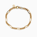The Mens 14K Yellow Gold Figaro Chain Bracelet features elongated, interlocking links and a small round charm near the clasp, displayed on a white background.