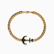 This Mens 14K Yellow Gold Black Diamond Anchor Chain Bracelet features a black anchor-shaped centerpiece accented with black diamond-like stones and a secure clasp.