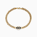 The Mens 14K Yellow Gold Black and White Diamond Evil Eye Chain Bracelet 8.75 displays an eye-shaped charm set with black and white diamonds, shown on a plain white background.
