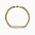 The Men's 14K Yellow Gold and Diamond Cuban Link Chain Bracelet features thick curb-style links and a diamond-encrusted rectangular plate, secured with a lobster clasp for timeless luxury.