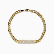 The Men's 14K Yellow Gold and Diamond Cuban Link Chain Bracelet features thick curb-style links and a diamond-encrusted rectangular plate, secured with a lobster clasp for timeless luxury.