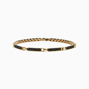 The Men’s 14K Yellow Gold Black Diamond Bracelet features rectangular links set with small black diamonds, forming a sleek and elegant circular design, displayed on a plain white background.
