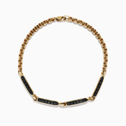 The Men’s 14K Yellow Gold Black Diamond Bracelet features rectangular links set with small black diamonds, forming a sleek and elegant circular design, displayed on a plain white background.