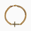 The Men's 14K Yellow Gold Black Diamond Cross Bracelet features a centered cross set with small black diamonds, shown on a white background.