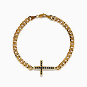 The Men's 14K Yellow Gold Black Diamond Cross Bracelet features a centered cross set with small black diamonds, shown on a white background.