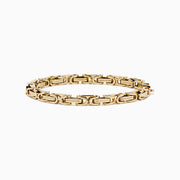 A 14K Yellow Gold Hollow Byzantine Chain-Link Bracelet, featuring an intricate and polished design, is elegantly displayed on a white background.