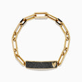 The Men's 14K Yellow Gold Black Diamond Pave Panther Link Bracelet features rectangular links and a black diamond pavé bar with a gold lion head, echoing classic panther link designs.