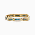 The Men's 14K Yellow Gold White and Blue Diamond Linked Bracelet showcases alternating rows of white and blue diamonds set in rectangular segments for a striking, elegant look.