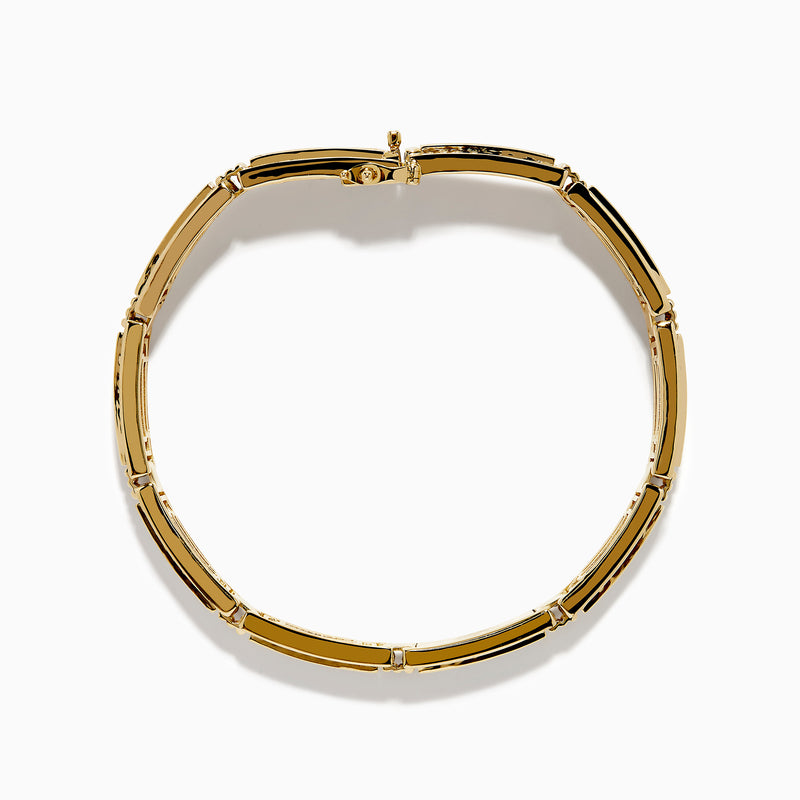 The Men's 14K Yellow Gold White and Blue Diamond Linked Bracelet showcases alternating rows of white and blue diamonds set in rectangular segments for a striking, elegant look.