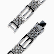 The Men's 14K White Gold Blue and White Diamond Linked Bracelet features geometric links and a rectangular center plate adorned with two rows of blue and white diamonds, accented by clear stones.