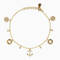 The 14K Yellow Gold Diamond Nautical Charm Bracelet features ship wheels, life rings, sparkling crystals, and a stone-adorned anchor. It includes an adjustable chain and lobster clasp for a perfect fit.
