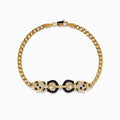 The Signature 14K Yellow Gold Black and White Diamond Panther Bracelet showcases two panther heads with green eyes and diamond accents, joined by black-encrusted circular links.