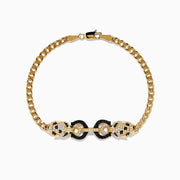 The Signature 14K Yellow Gold Black and White Diamond Panther Bracelet showcases two panther heads with green eyes and diamond accents, joined by black-encrusted circular links.