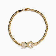 The Signature 14K Yellow Gold Diamond and Emerald Panther Cuban Link Bracelet features a panther head with green emerald eyes and sparkling diamonds on the clasp, showcased against a white background.