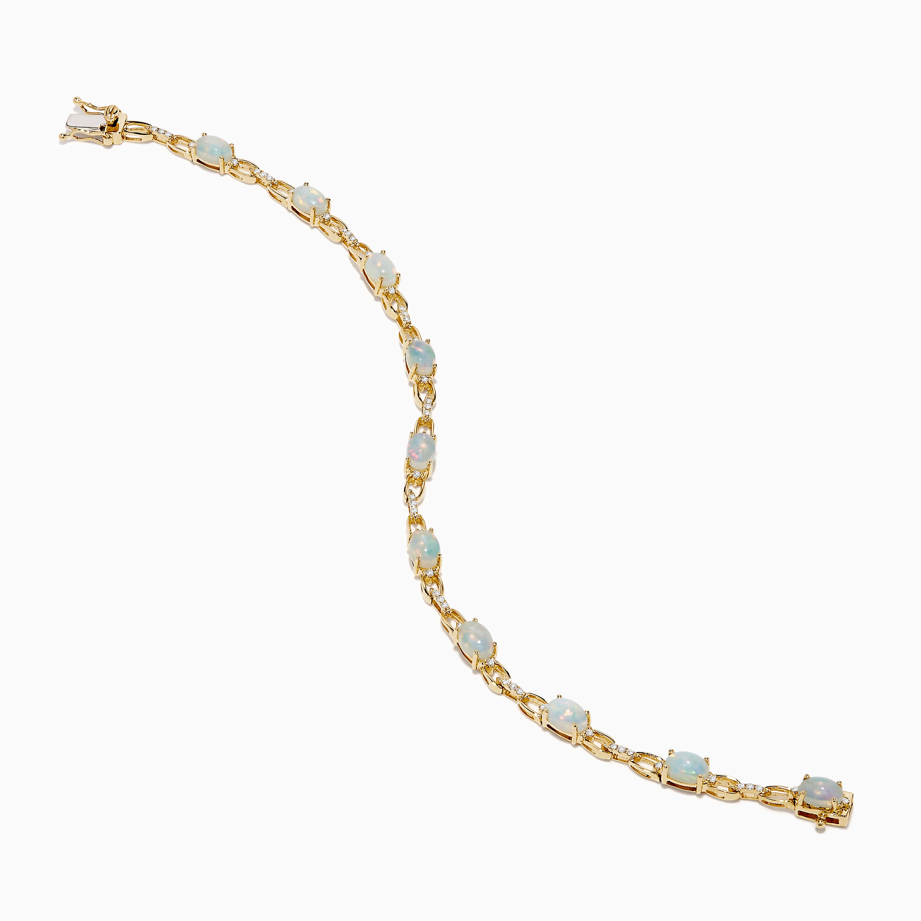 The Aurora 14K Yellow Gold Opal and Diamond Bracelet features evenly spaced round opals in individual links, accented with diamonds for a refined and elegant accessory.