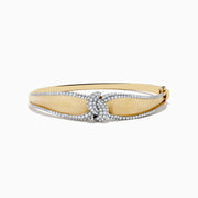 The Duo 14K White and Yellow Gold Diamond Bangle features a central knot design set with sparkling diamonds and bordered by diamond accents along the edges.