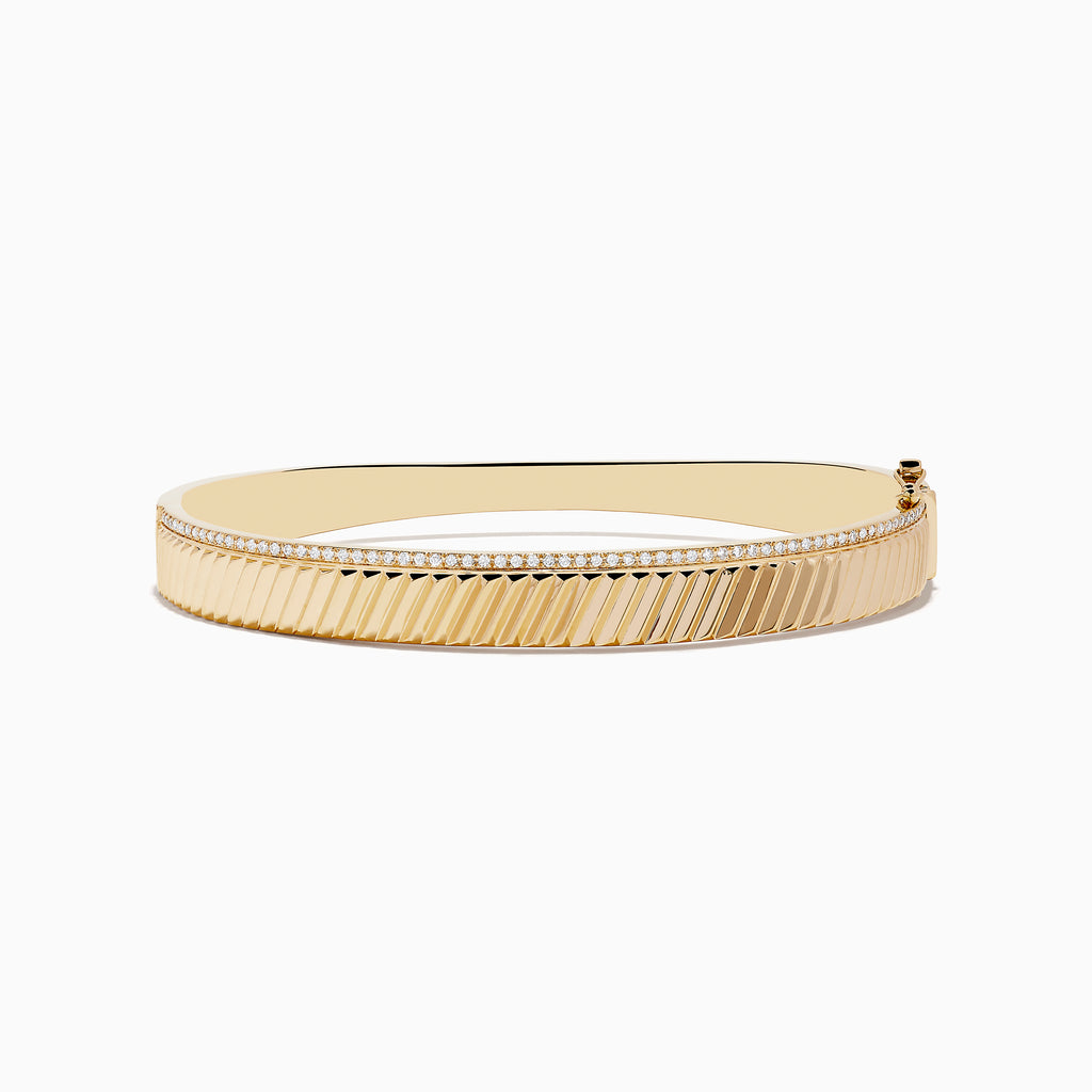 Mens 14K yellow gold diamond bangle, 0.51 TCW, features a ridged diagonal pattern and a delicate row of small diamonds along the top edge, shown on a white background.